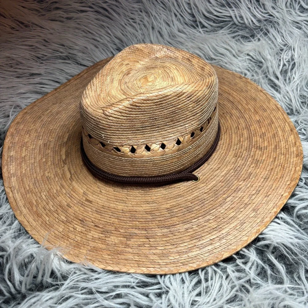 Striped Palm Straw Wide Brim Fedora Sun Western‎ Hat Drawstring